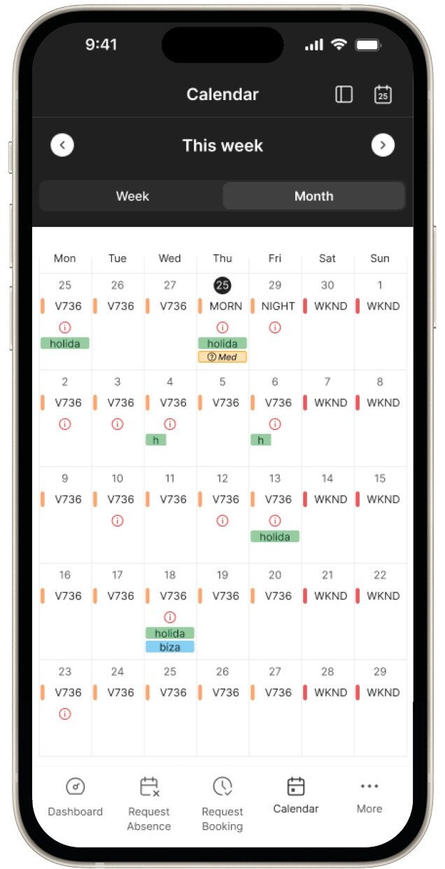 Screenshot von Kalender in der MyPrimion App für die mobile Zeiterfassung